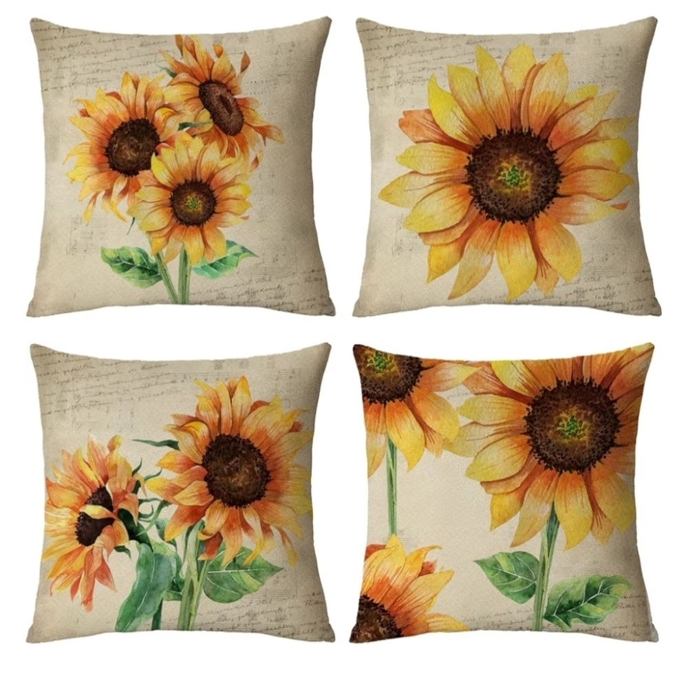 Sunflower Print Throw Pillow Covers - Set of 4 - Yellow Orange Floral 18 By 18